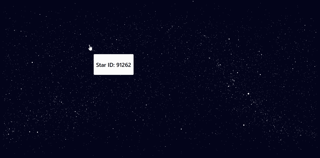 Gif of the third SVG map I made from the d3-celestial data with the geoEquirectangular-projection. It now also shows a mouse cursor shaped like a pointing hand and a tooltip text displaying an ID per star on hover.