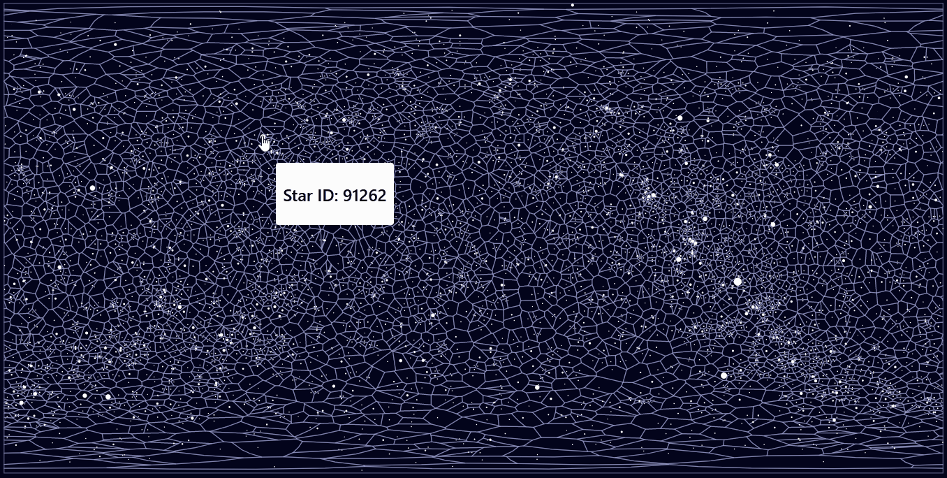 Gif of the fourth SVG map I made from the d3-celestial data with the geoEquirectangular-projection. It now also shows dense network of cells that surround each star. This network of voronoi-cells enhances the tooltip handling such that there is always the closest star selected and its ID shown.