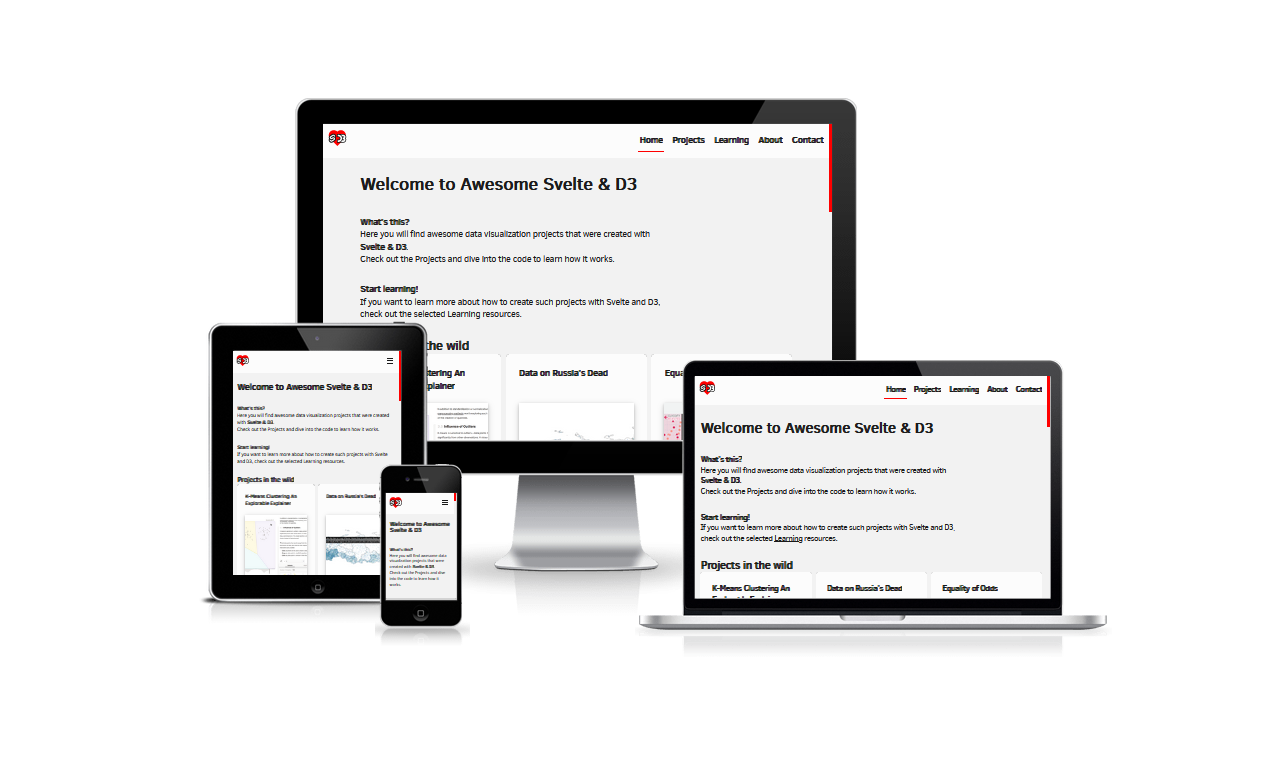 A multi-screenshot image (desktop, tablet, mobile) of the Awesome Svelte & D3 Website powered by https://ui.dev/amiresponsive