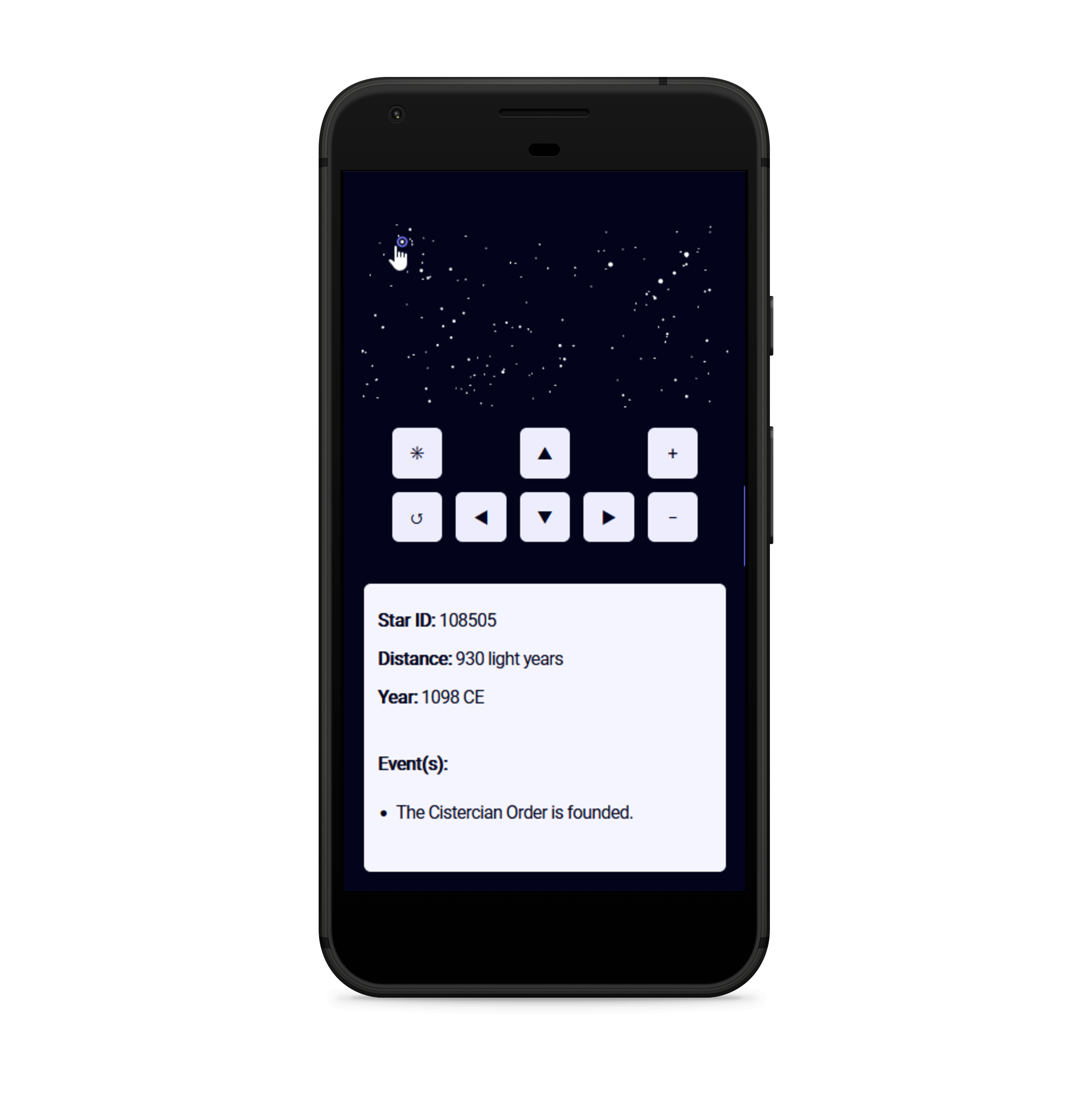 A smartphone that displays the interactive map. The tooltip is shown below the control buttons instead of near the cursor. In this particular image, the event in the tooltip is 'The Cisterian Order is founded.', which dates back to the year 1098 CE.