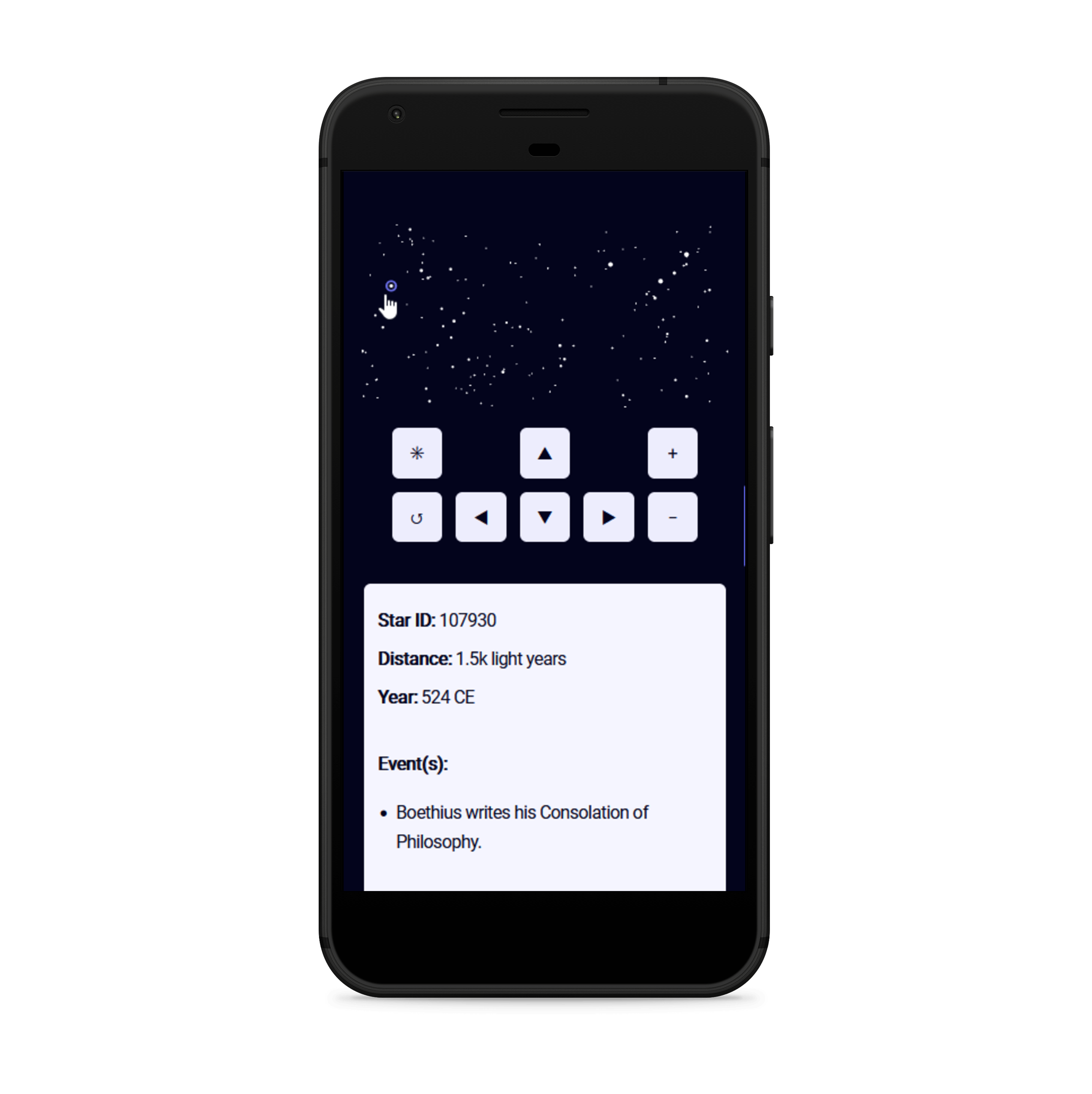 A smartphone that displays the interactive map. The tooltip is shown below the control buttons instead of near the cursor. In this particular image, the event in the tooltip is 'Boethius writes his Consolation of Philosophy.', which dates back to the year 524 CE.
