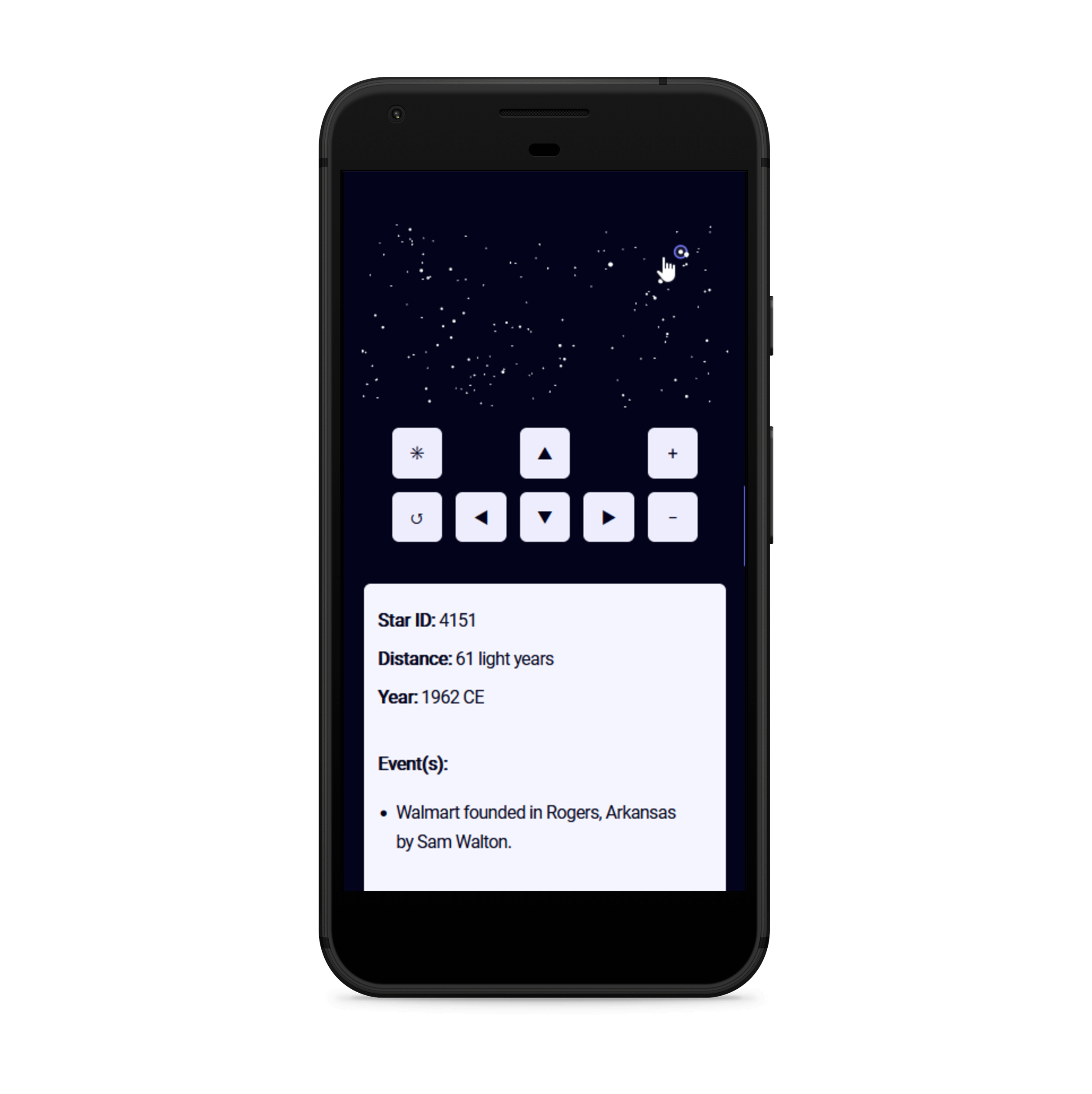 A smartphone that displays the interactive map. The tooltip is shown below the control buttons instead of near the cursor. In this particular image, the event in the tooltip is 'Walmart founded in Rogers, Arkansas by Sam Walton.', which dates back to the year 1962 CE.