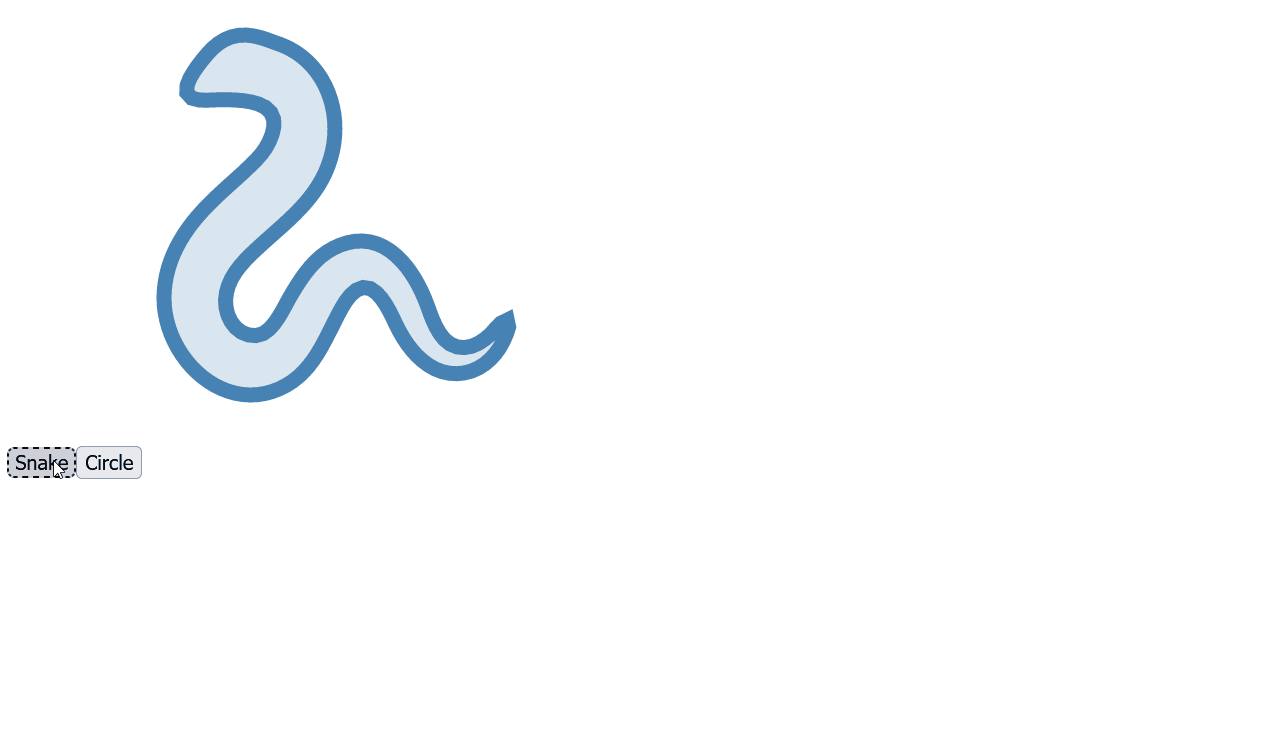 A gif of a snake shape that morphs into a circle shape after the user clicks a circle-button. While changing shape the color is also morphed from blue (snake) to orange (circle). The user then clicks the snake-button to reverse the effect.