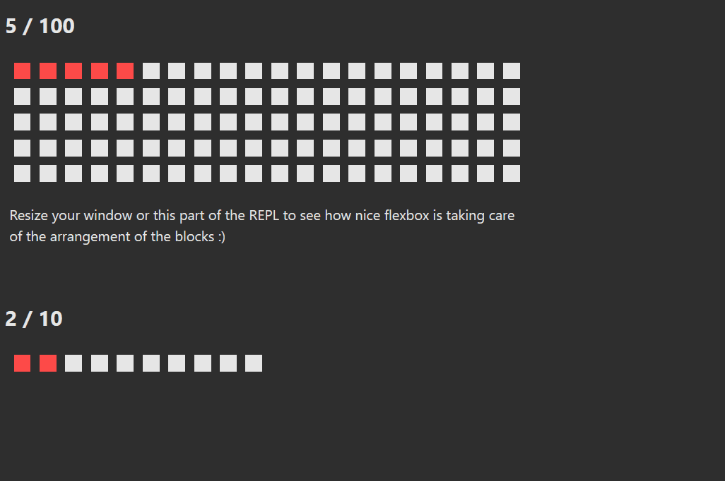 A gif of a waffle chart that adapts in layout based on the available space. The user drags the border of the window, making the available space smaller. The layout of the individual blocks in the waffle charts fluidly responds to the available space, breaking into new rows where needed. The user then drags the border back to the initial state.
