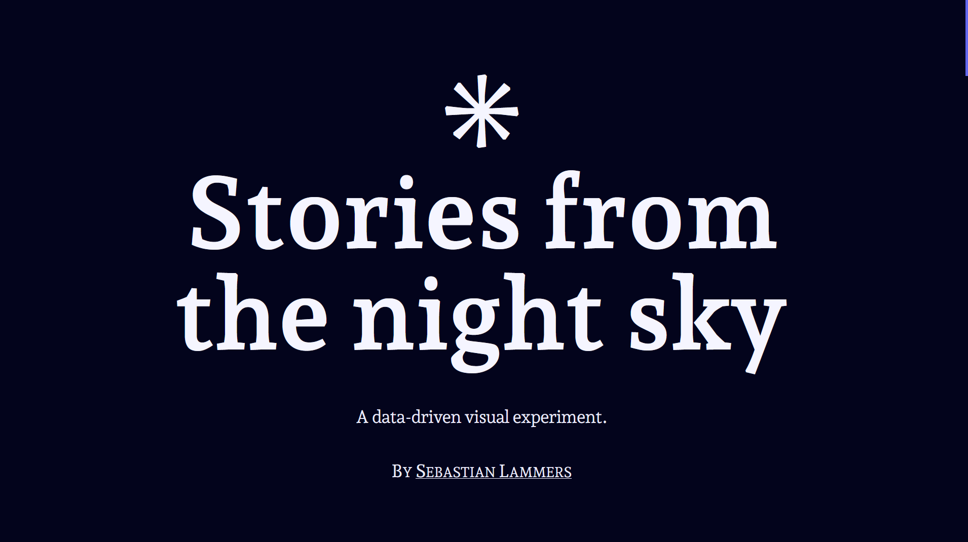 Screenshot of the hero-section of the project that has the title 'Stories from the night sky' in big white letters on very dark blue background.